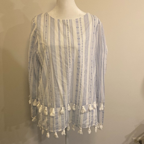 SAIL to SABLE white with blue stripes cotton blouse with pom poms  size Large - Picture 4 of 11